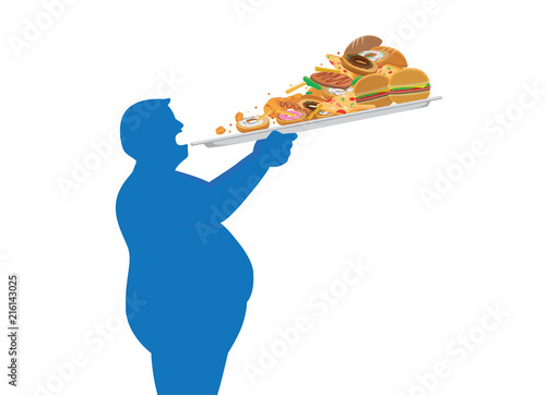 Fat man try to devour a lot of junk food in one time with lifting a tray. Illustration about overeating.