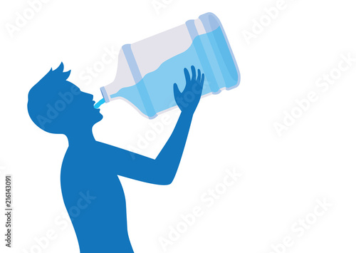 Silhouette of man feeling Thirsty, drinking water from large plastic bottle. 