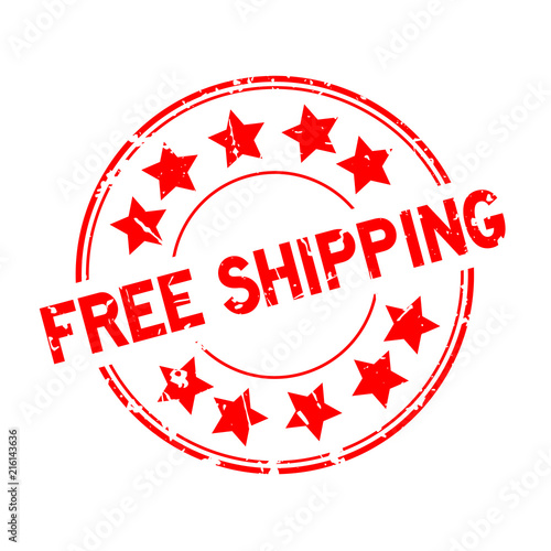 Grunge red free shipping word with star icon round rubber seal stamp on white background