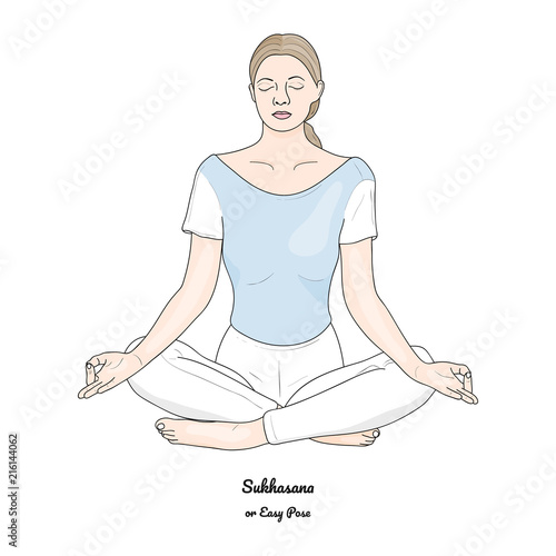 Sukhasana or Easy Pose with Chin Mudra. Yoga Practice. Vector.