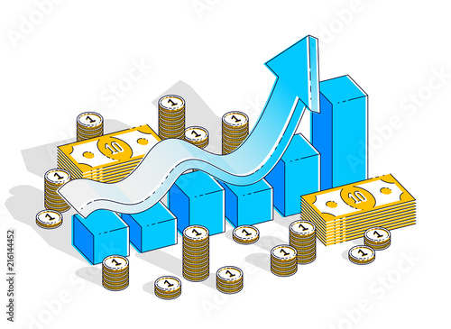 Success and income increase concept, growth chart stats bar with cash money stack isolated on white background. Vector 3d isometric business and finance illustration, thin line design.