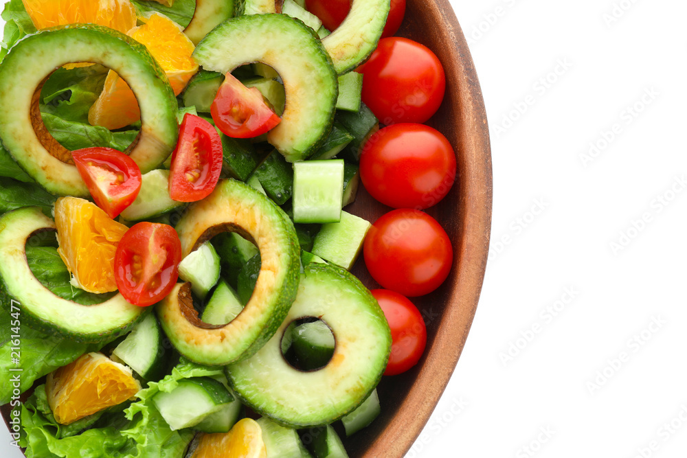 Plate with tasty avocado salad on white background Plate with tasty avocado salad on white background