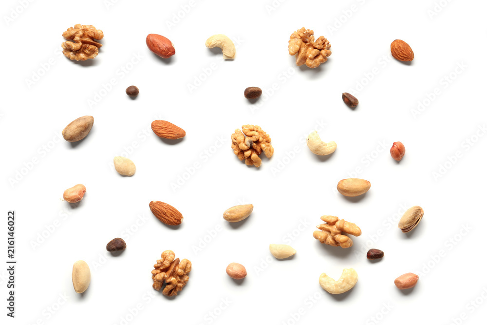 Composition with different nuts on white background Composition with different nuts on white background