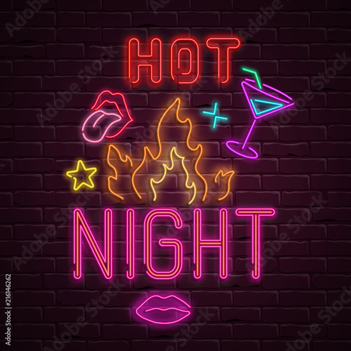 Hot night background with colorful neon decoration.