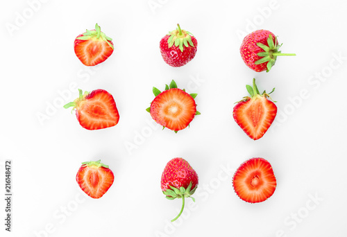 Fototapeta Naklejka Na Ścianę i Meble -  Flat lay composition with ripe strawberries on white background