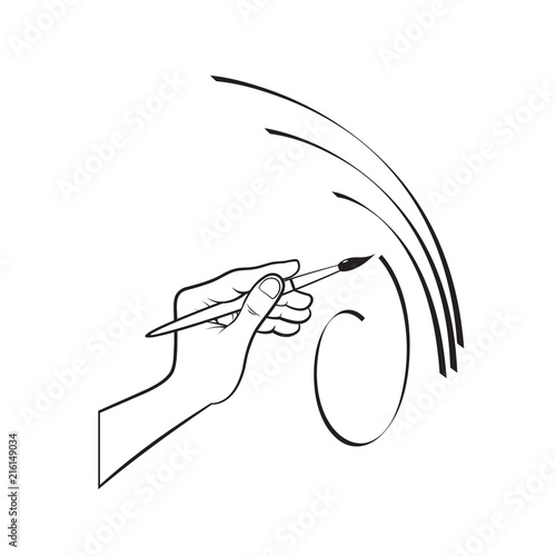 black outline hand with paint brush isolated on white back ground vector drawing