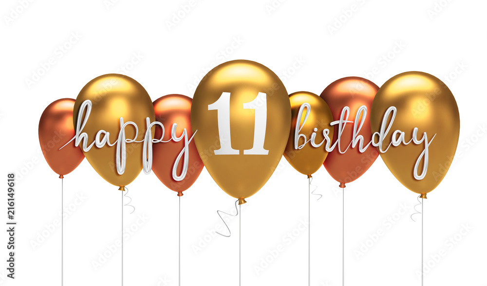 Happy 11th birthday gold balloon greeting background. 3D Rendering ...