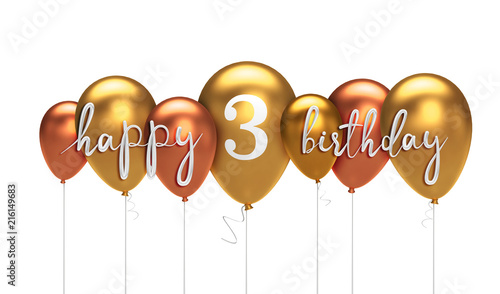Happy 3rd birthday gold balloon greeting background. 3D Rendering