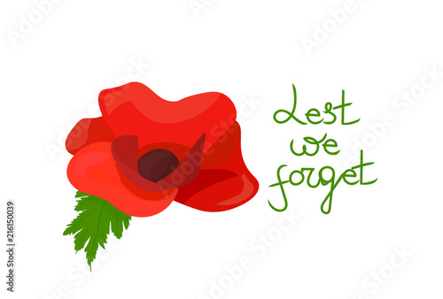 Remembrance poppy vector illustration: Remembrance day poppy flower and text: Lest we forget. Great also for Armistice and Anzac day.