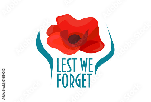 Remembrance poppy vector illustration: Remembrance day poppy flower and text: Lest we forget. Great also for Armistice and Anzac day.
