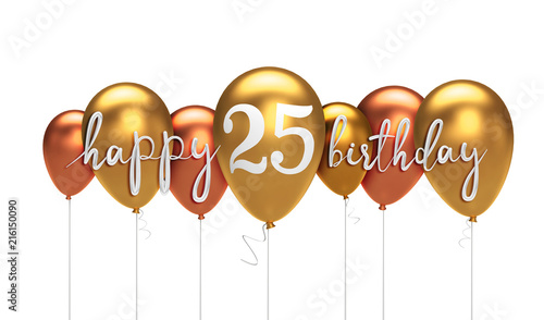 Happy 25th birthday gold balloon greeting background. 3D Rendering