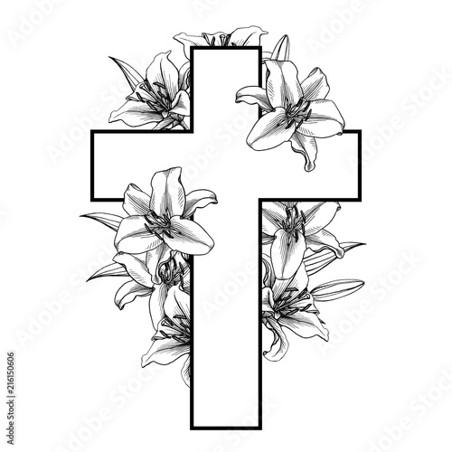 Funeral cross with white lilly flowers. Vector. 