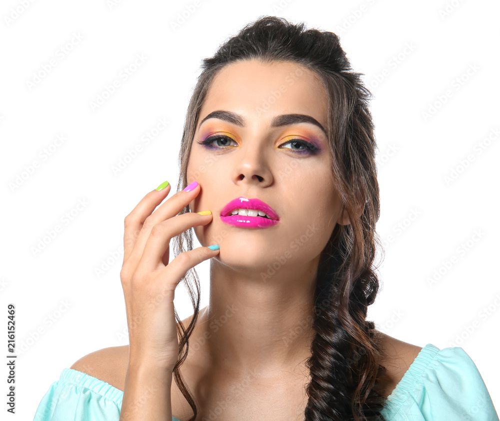 Beautiful young woman with colorful manicure on white background Beautiful young woman with colorful manicure on white background