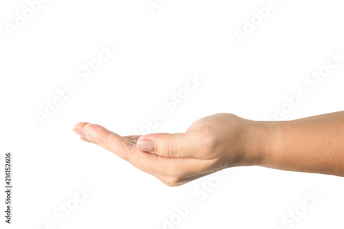 Empty female hand carrying isolated on white background with clipping path.