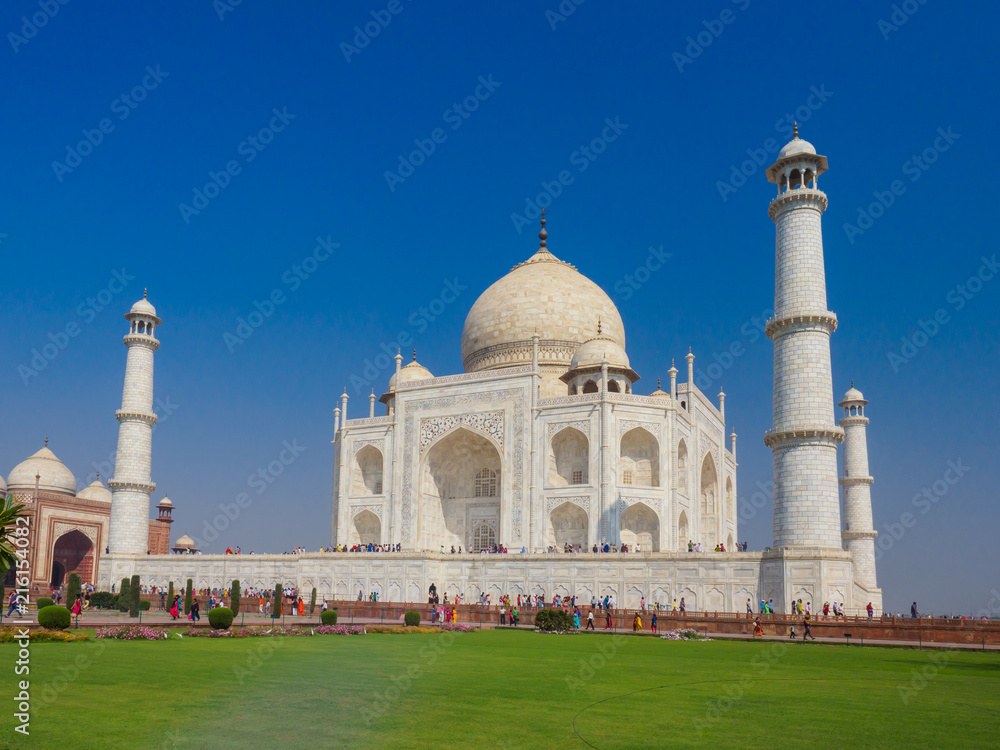 The Taj Mahal, the ivory-white marble mausoleum in the city of Agra, which was commissioned in 1632 by the Mughal emperor, Shah Jahan, to house the tomb of his queen, Mumtaz Mahal.