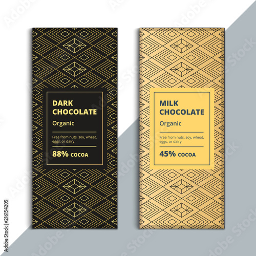 Organic dark and milk chocolate bar design. Creative abstract choco packaging vector mockup. Trendy luxury product branding template with label and pattern.