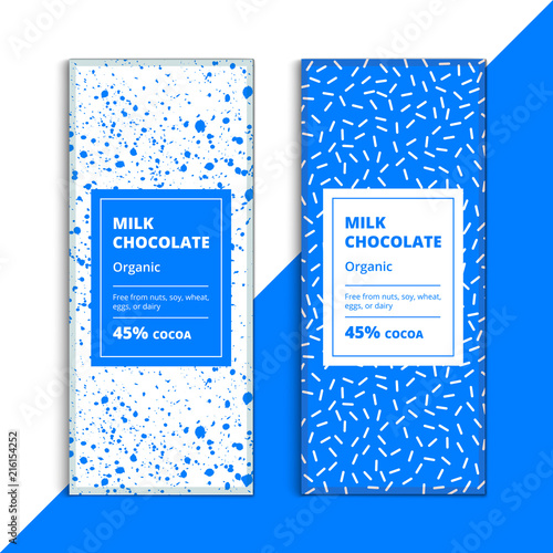 Organic dark and milk chocolate bar design. Creative abstract choco packaging vector mockup. Trendy luxury product branding template with label and pattern.