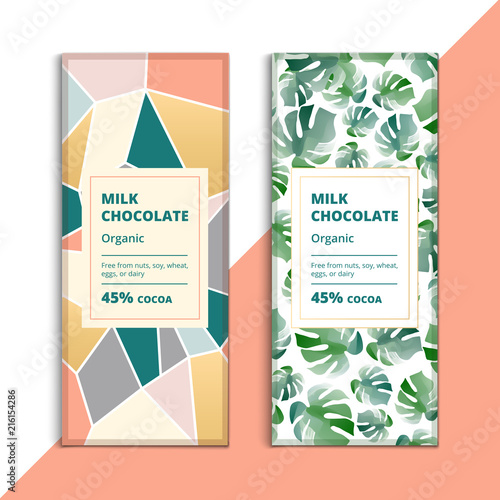 Organic dark and milk chocolate bar design. Creative abstract choco packaging vector mockup. Trendy luxury product branding template with label and pattern.