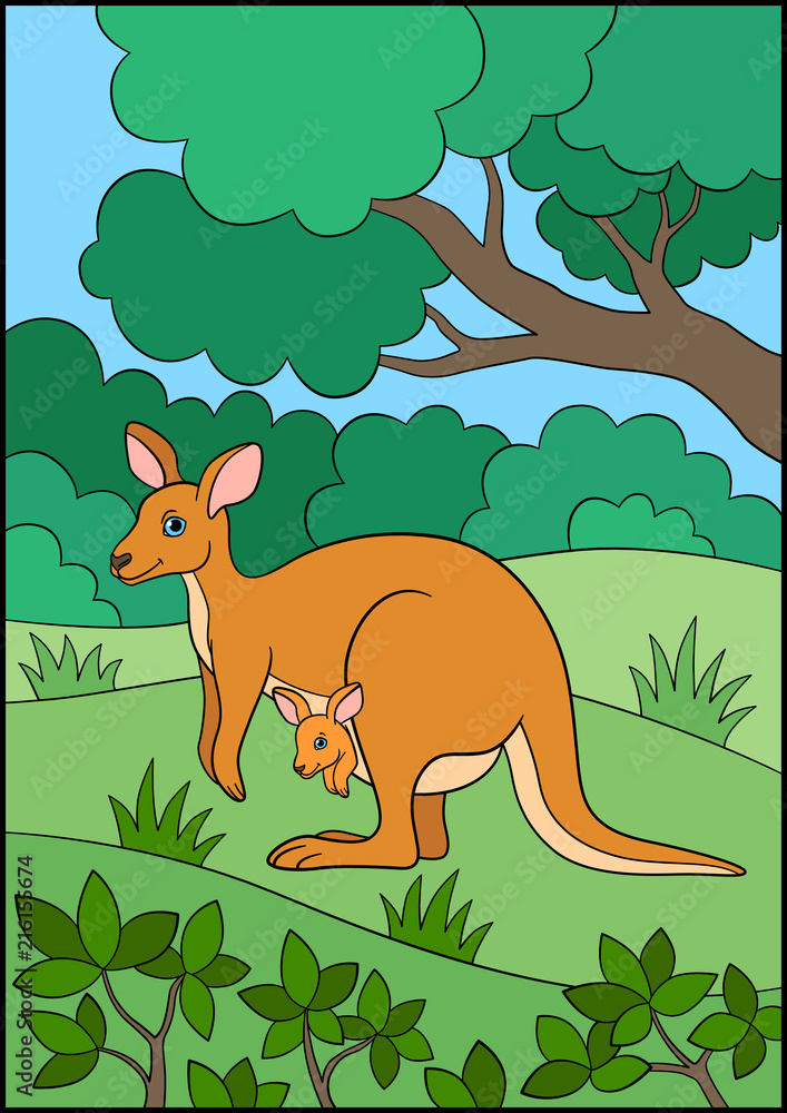 Cartoon animals. Mother kangaroo with her little cute baby. Stock Vector |  Adobe Stock