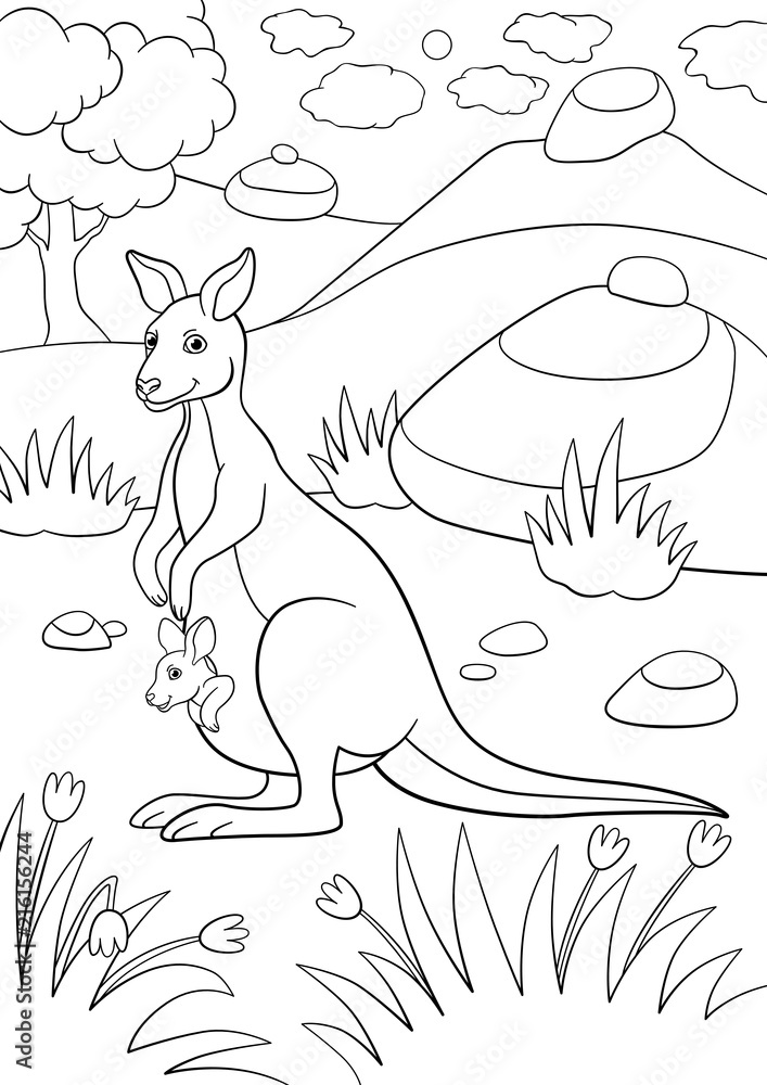 Coloring pages. Mother kangaroo with her little baby.