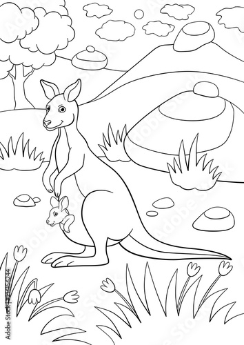 Coloring pages. Mother kangaroo with her little baby.