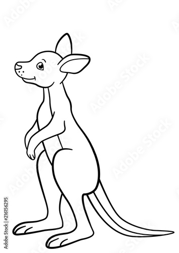 Coloring pages. Little cute baby kangaroo smiles.