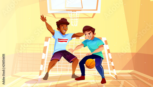 Boys playing basketball vector illustration of black Afro American teen or young man with ball in college or university gymnasium. Men in sport hall interior cartoon background