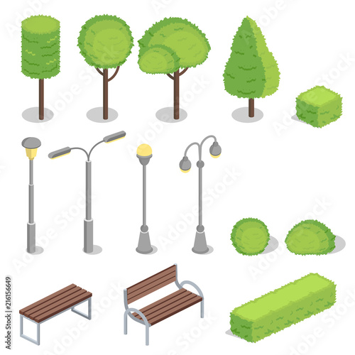 Public park vector illustration of isometric models of trees, lamp posts and benches with green hedges trees for construction elements design. Isolated set on white background