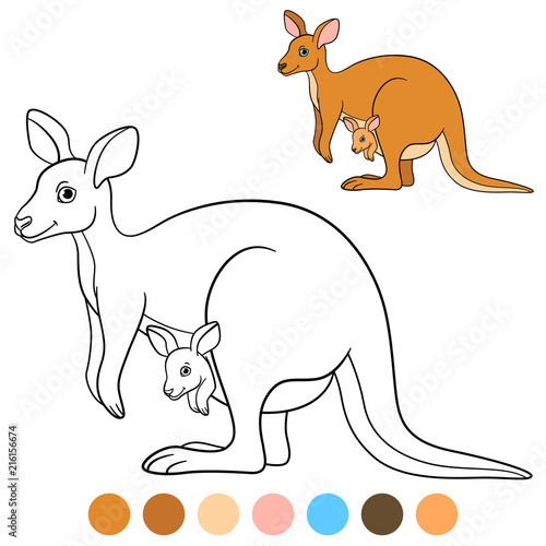 Color me: kangaroo. Mother kangaroo with her little baby.
