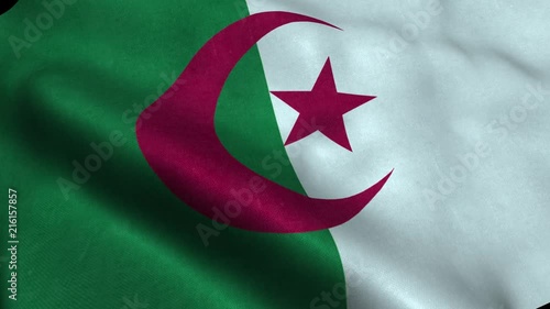 Photorealistic 4k Close up of algeria flag slow waving with visible wrinkles and realistic fabric. A fully digital rendering, 3D Animation. 15 seconds 4K, Ultra HD resolution algeria flag animation. photo