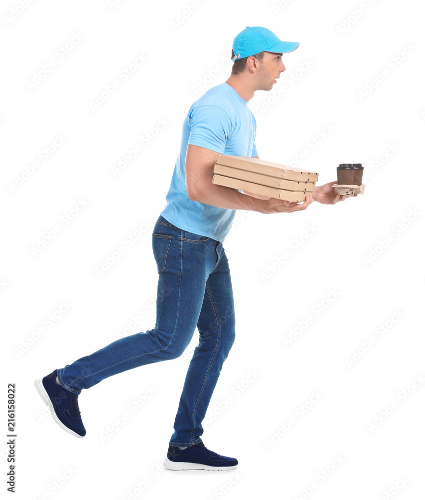 Running delivery man with pizza boxes and cups of coffee on white background