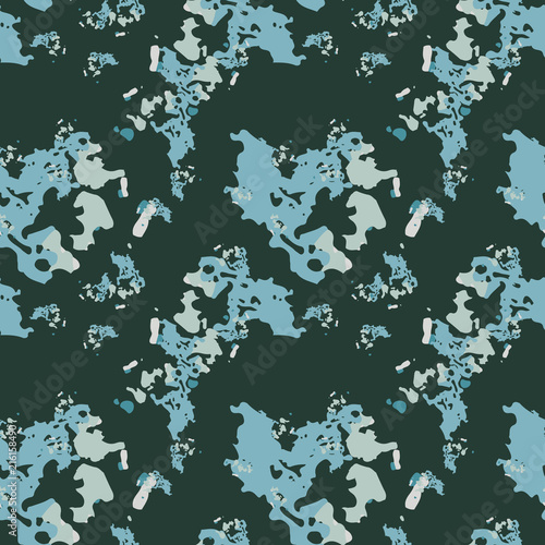 UFO military camouflage seamless pattern in green and different shades of beige and blue colors