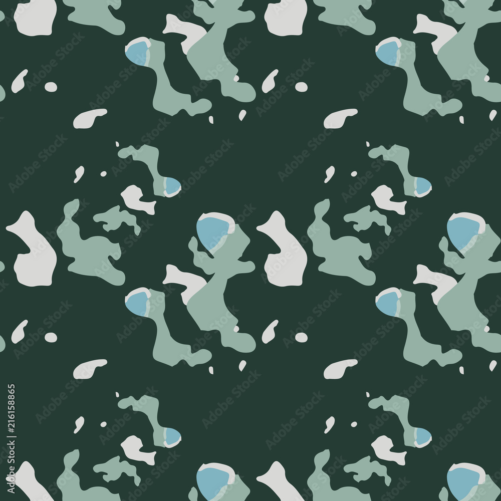UFO military camouflage seamless pattern in green and different shades of beige and blue colors UFO military camouflage seamless pattern in green and different shades of beige and blue colors