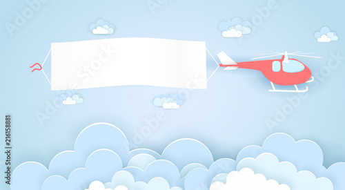 Flying helicopter with empty advertising banner vector concept in paper art origami style. Template for a text web banners, paper cut craft design