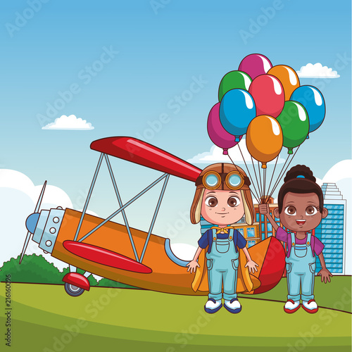Boy with vintage airplane and girl with balloons at park vector illustration graphic design