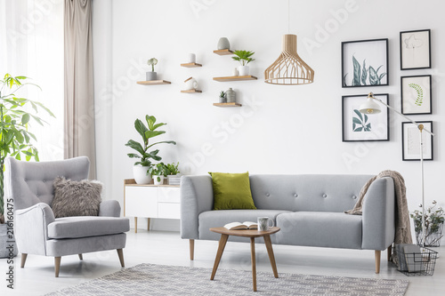 Creative, wooden pendant light above a gray sofa and a comfy armchair in a scandinavian living room interior with a gallery of botanic drawings photo