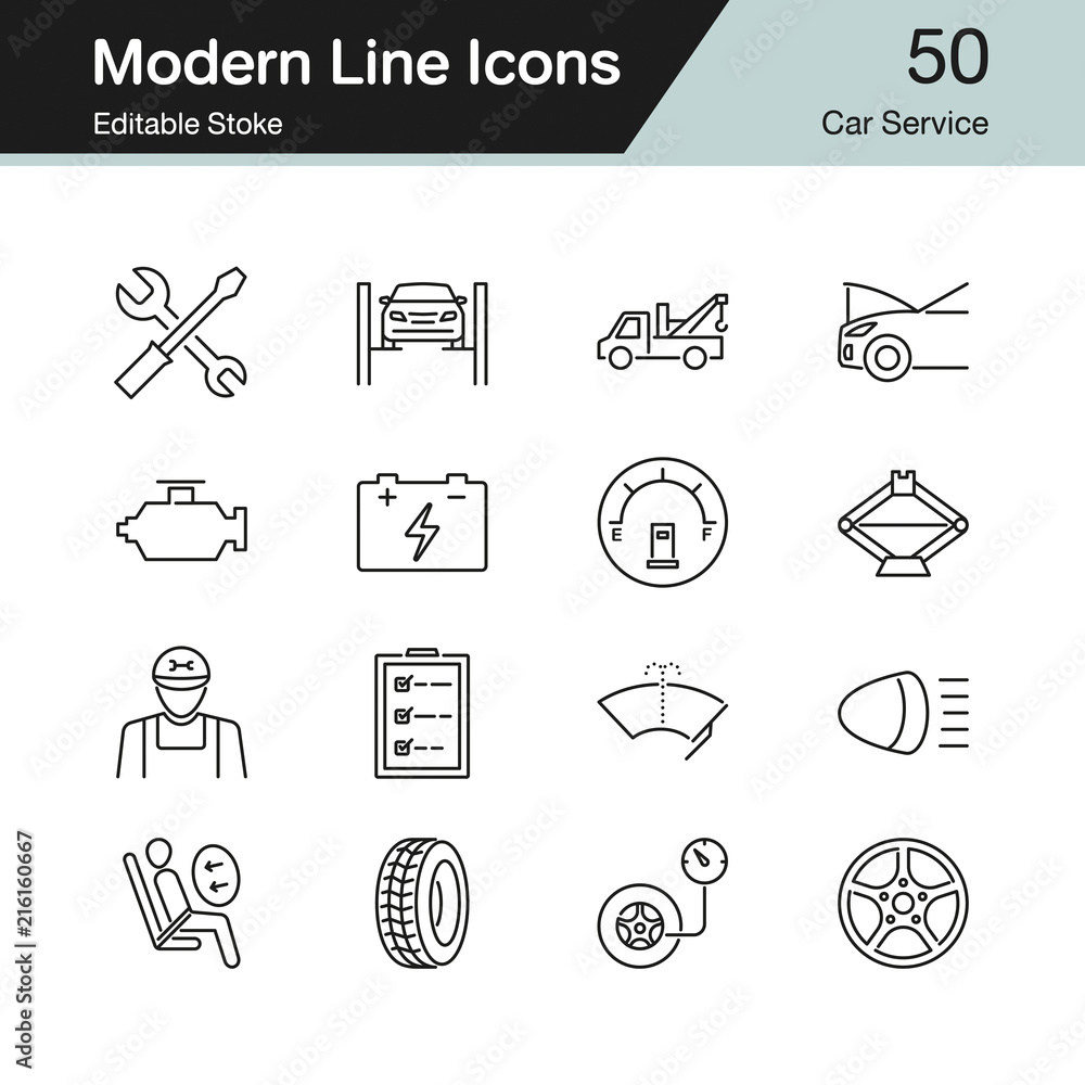 Fototapeta premium Car Service icons. Modern line design set 50. For presentation, graphic design, mobile application, web design, infographics. Editable Stroke.
