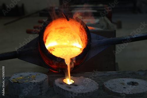 Foundry - molten metal poured from ladle into mould