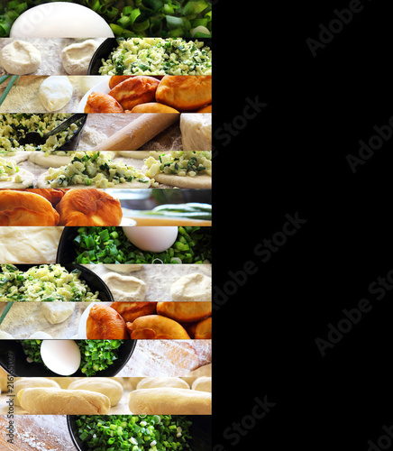 Process of preparation of patties. The filling consists of onions and eggs. Pirozhok - a dish of Russian and European cuisine from the dough with stuffing. Fresh food. Concept.The collage is vertical. photo