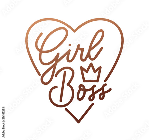 Girl boss quote with handdrawn lettering, crown and rose gold heart. Vector motivational poster.