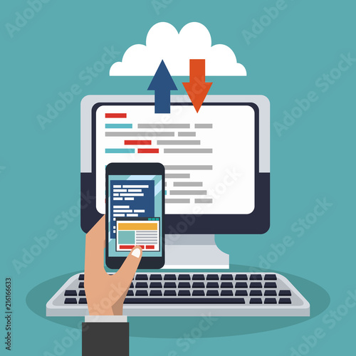 Hand programming smartphone and computer cloud vector illustration graphic design