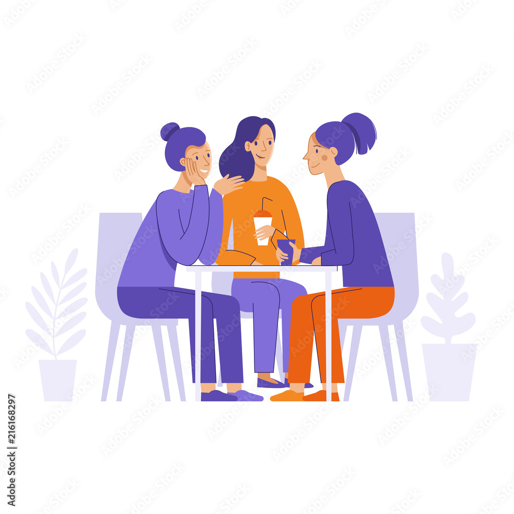Vector illustration in flat linear style -  friends drinking coffee