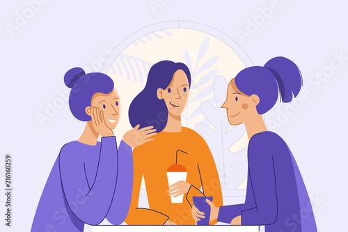Vector illustration in flat linear style - female friends drinking coffee and chatting