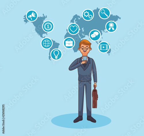 Businessman with smartphone and social network symbols vector illustration graphic design