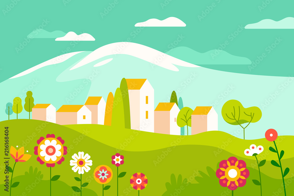 Vector illustration in simple minimal geometric flat style - village landscape with buildings, hills, flowers and trees Vector illustration in simple minimal geometric flat style - village landscape with buildings, hills, flowers and trees