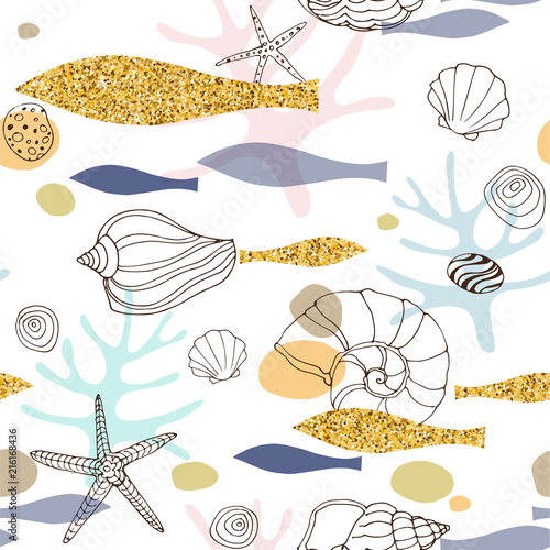 Marine abstract seamless pattern with hand drawn seashells and gold fish