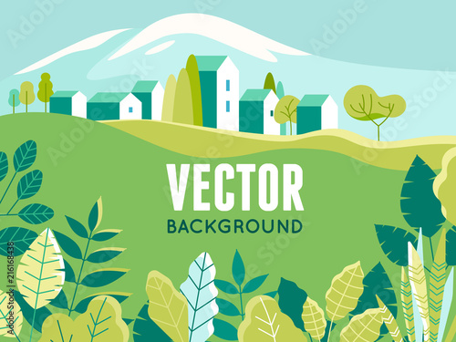 Vector illustration in simple minimal geometric flat style - village landscape with buildings, hills, flowers and trees photo