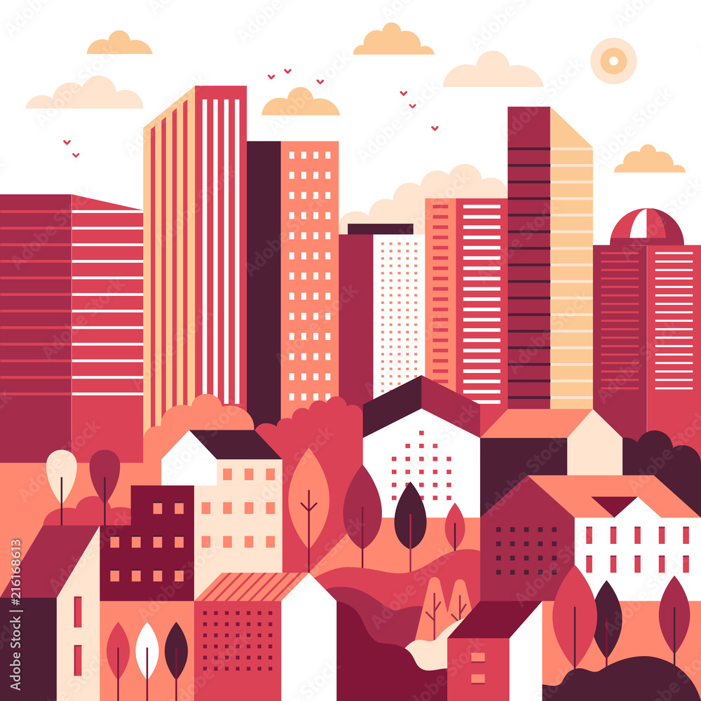 Vector illustration in simple minimal geometric flat style - city landscape with buildings and trees
