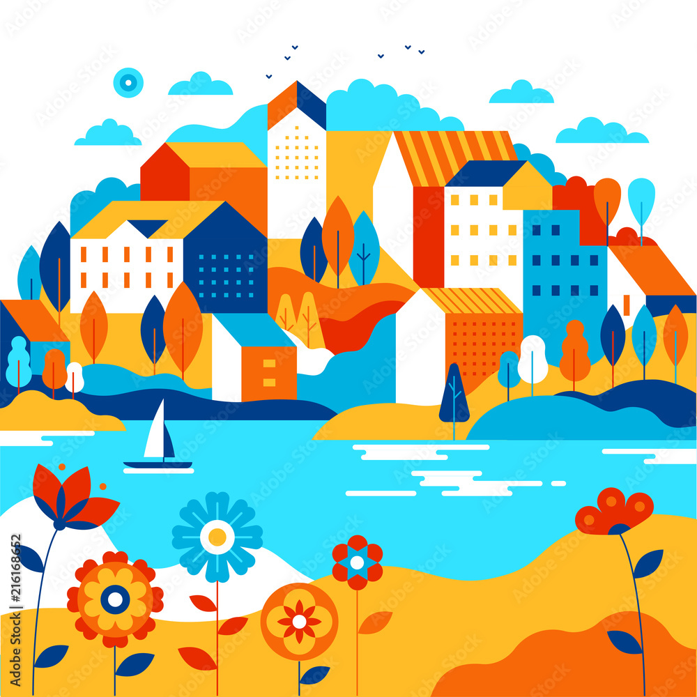 Vector illustration in simple minimal geometric flat style - city landscape with buildings, lake, flowers and trees