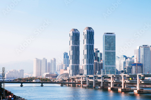 Modern building against sunset in the Haeundae District, Busan, South Korea